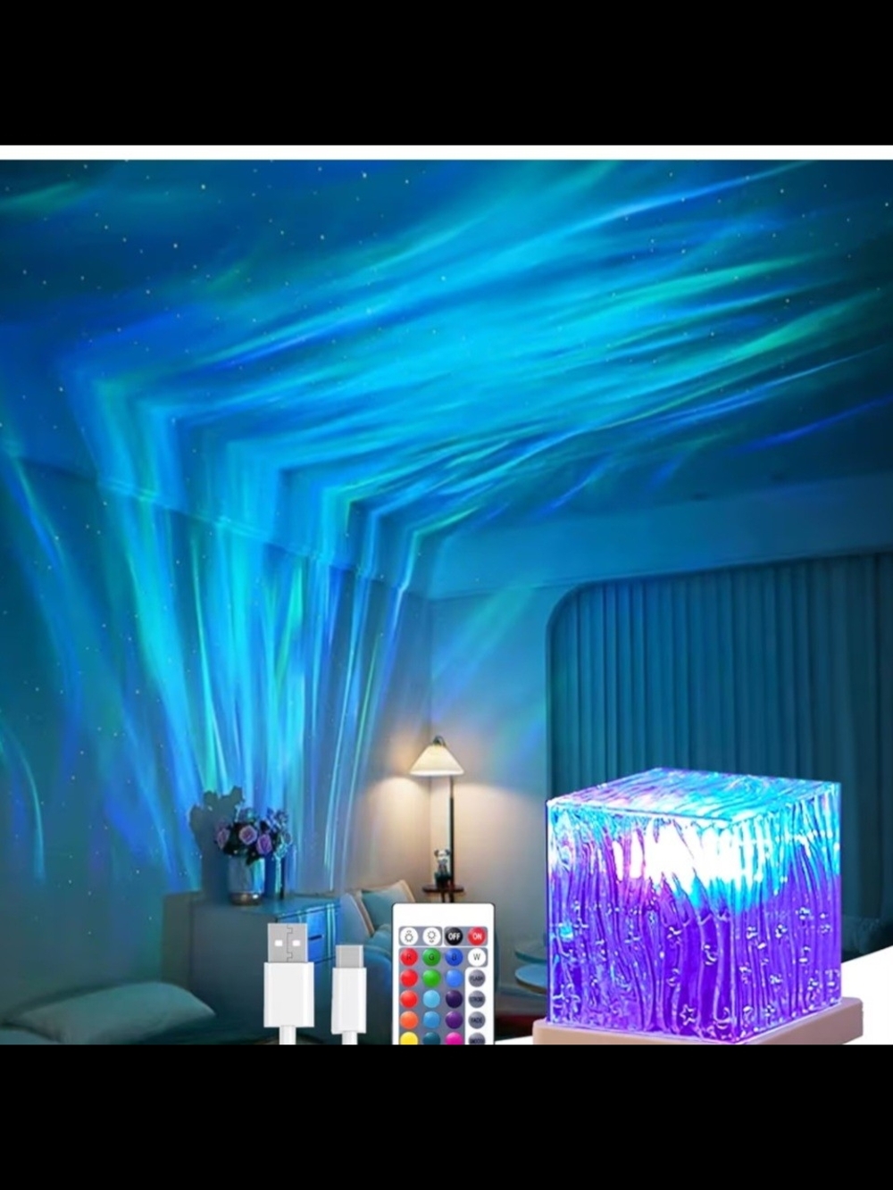 USB Aurora Northern Lights Projector Lamp - Clear Glass & Light Wood Base